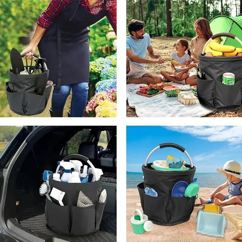 Black canvas storage basket used for gardening, picnics, car organization, and beach gear