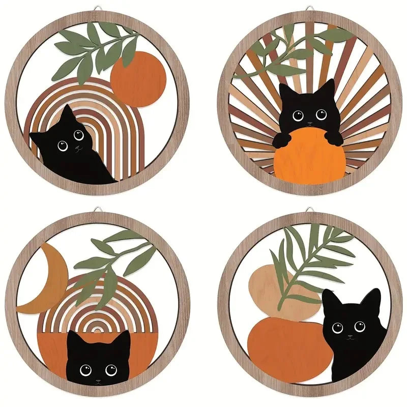 Juniper Boho Cat Wooden Wall Art – Set of 4 Round Hangings