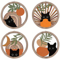 Juniper Boho Cat Wooden Wall Art – Set of 4 Round Hangings