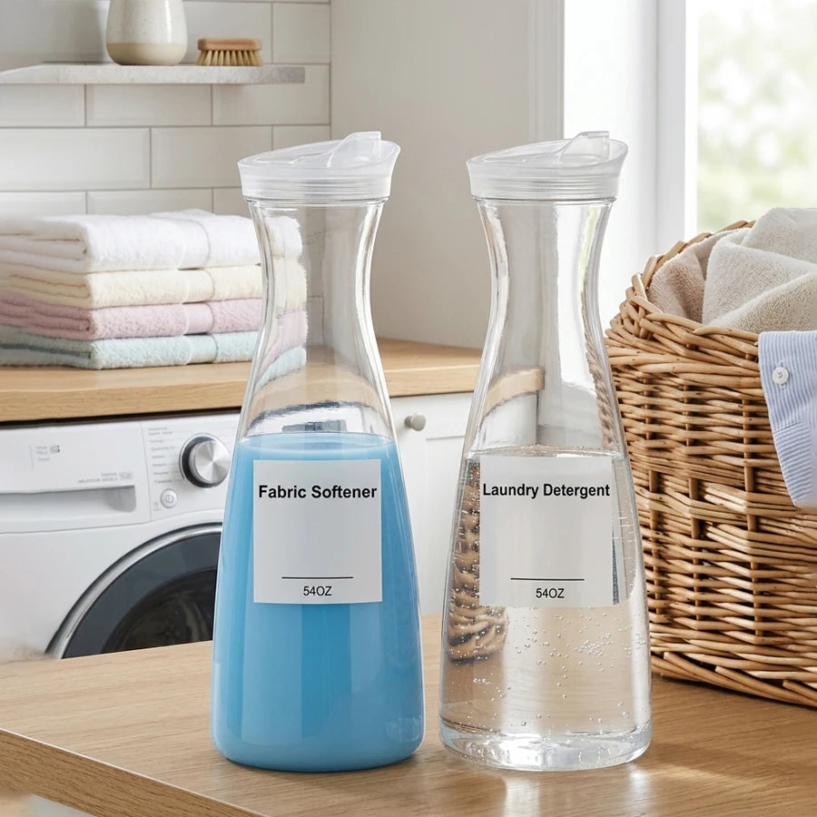 Two clear plastic dispenser bottles labeled for fabric softener and laundry detergent positioned next to a wicker basket and folded towels