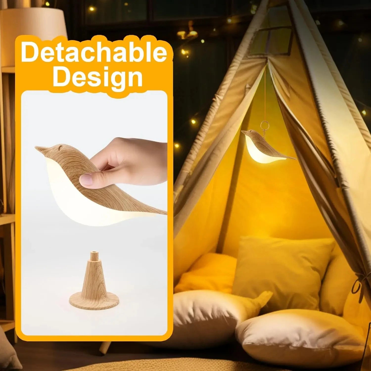 Detachable bird night light shown removed from base and hanging in a tent