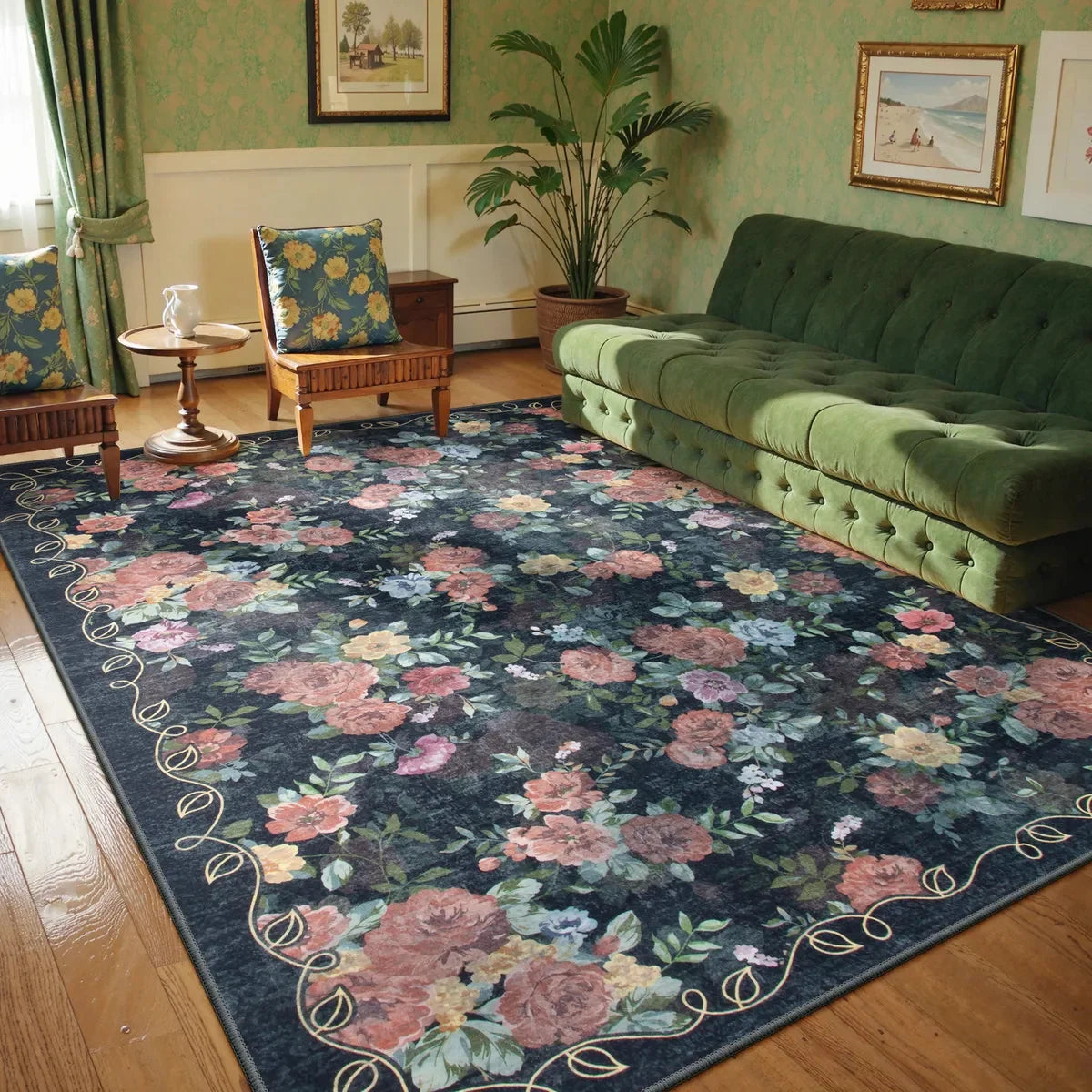 Dark floral rose patterned rug in a cozy living room with green furniture