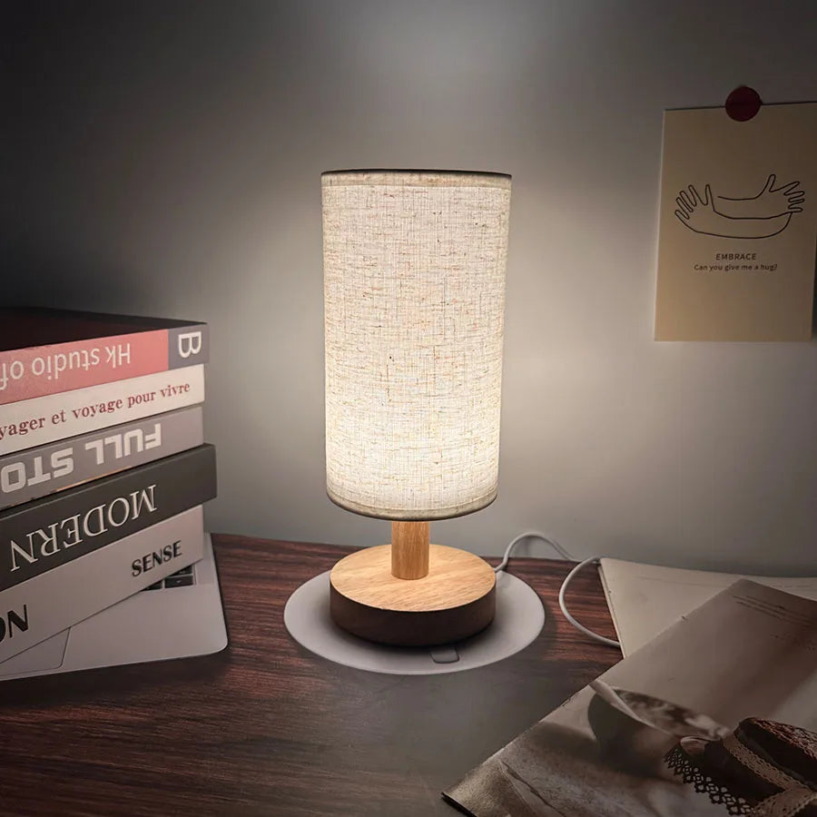 Wooden Bedside Table Lamp with Linen Shade – USB Powered, Warm Glow