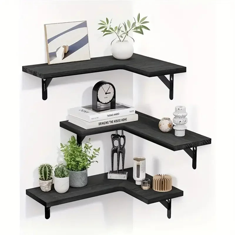 Modern Wood Corner Wall Shelf – Floating Space-Saving Organizer for Living Room, Kitchen, or Bedroom Corners