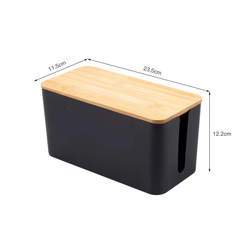 Bamboo Lid Cable Management Box for Desk & Nightstand Organization
