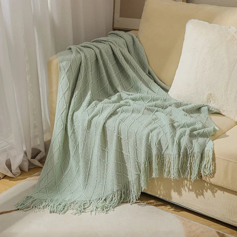 Nordic Knit Acrylic Throw Blanket with Tassels for Bed, Sofa, and Cozy Winter Decor