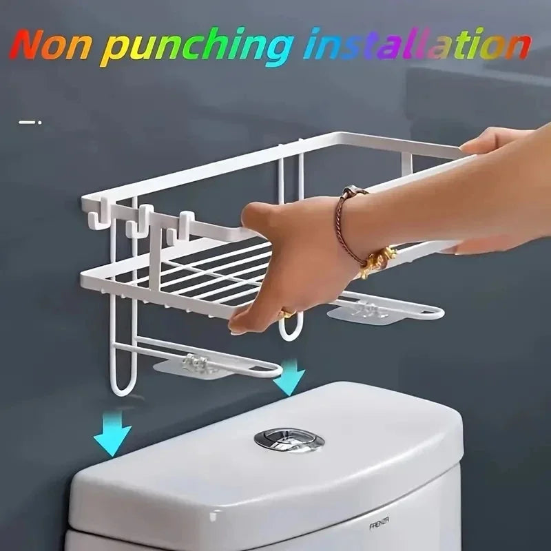 person demonstrating how to place the over-the-toilet shelf above a toilet tank