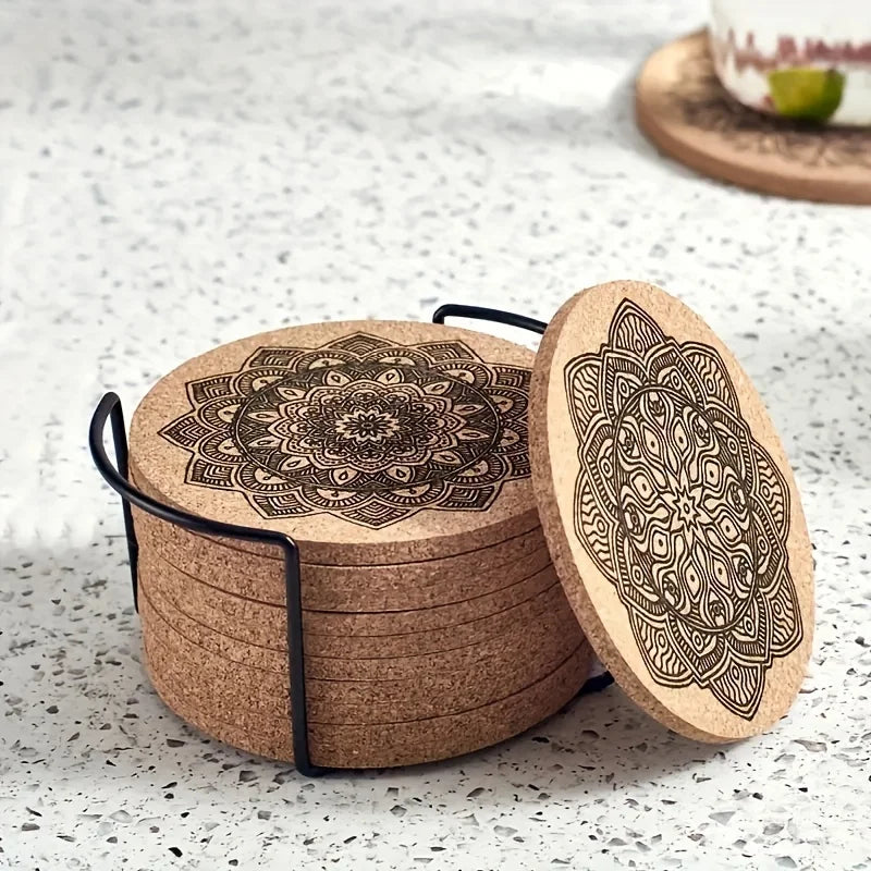 Mandala Flower Wooden Coaster Set, Single-Sided Print, Round, 4 in