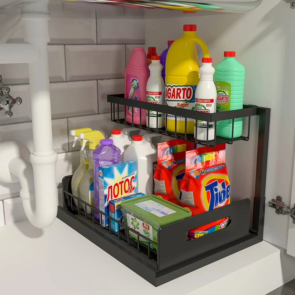 2-Tier Under-Sink Pull-Out Organizer – Metal Storage Shelf