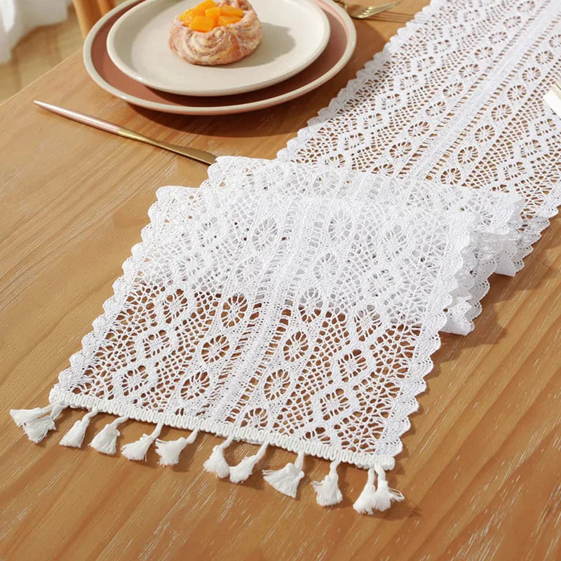 Arden Crochet Lace Table Runner with Tassel – Beige Cotton Blend