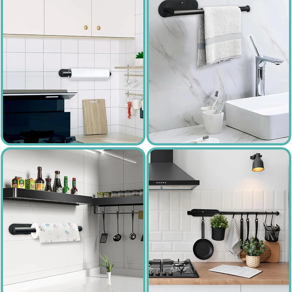 Adhesive paper towel holder shown in four home settings: kitchen wall, bathroom wall with towel, beside stove, under shelf