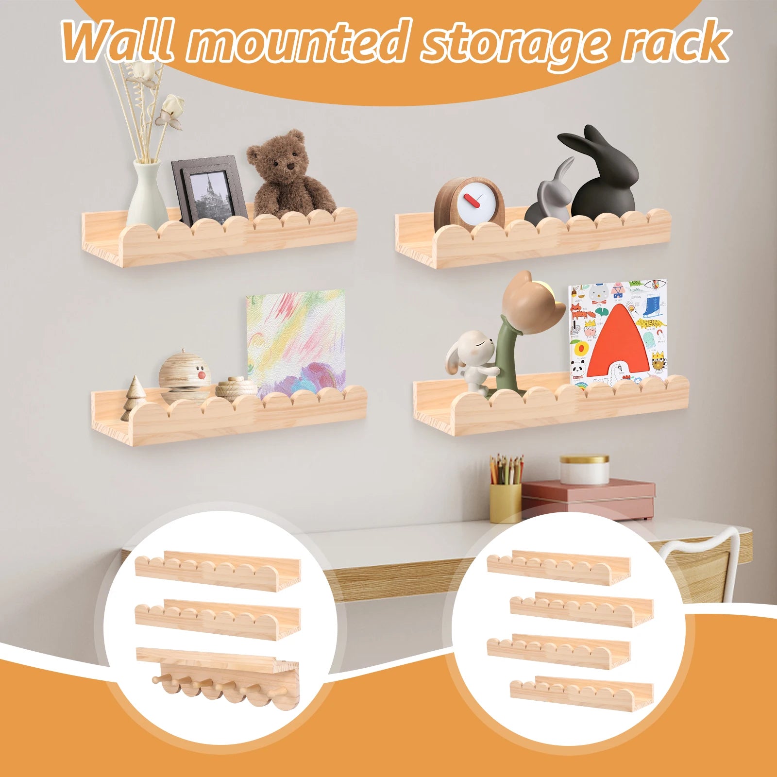 Scalloped wood wall shelves arranged on wall over desk, displaying toys, books, and colorful art in kids’ study space