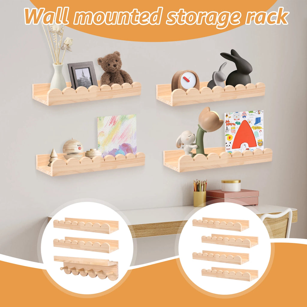 Scalloped wood floating shelves shown mounted on a wall with children’s items