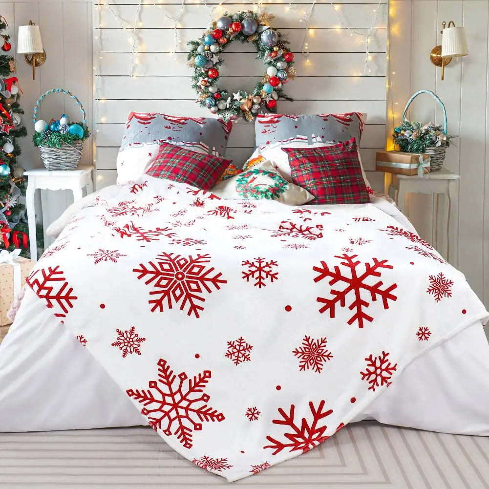 Winter Red Snowflake Flannel Fleece Throw Blanket for Sofa & Bed, Soft Holiday Decor