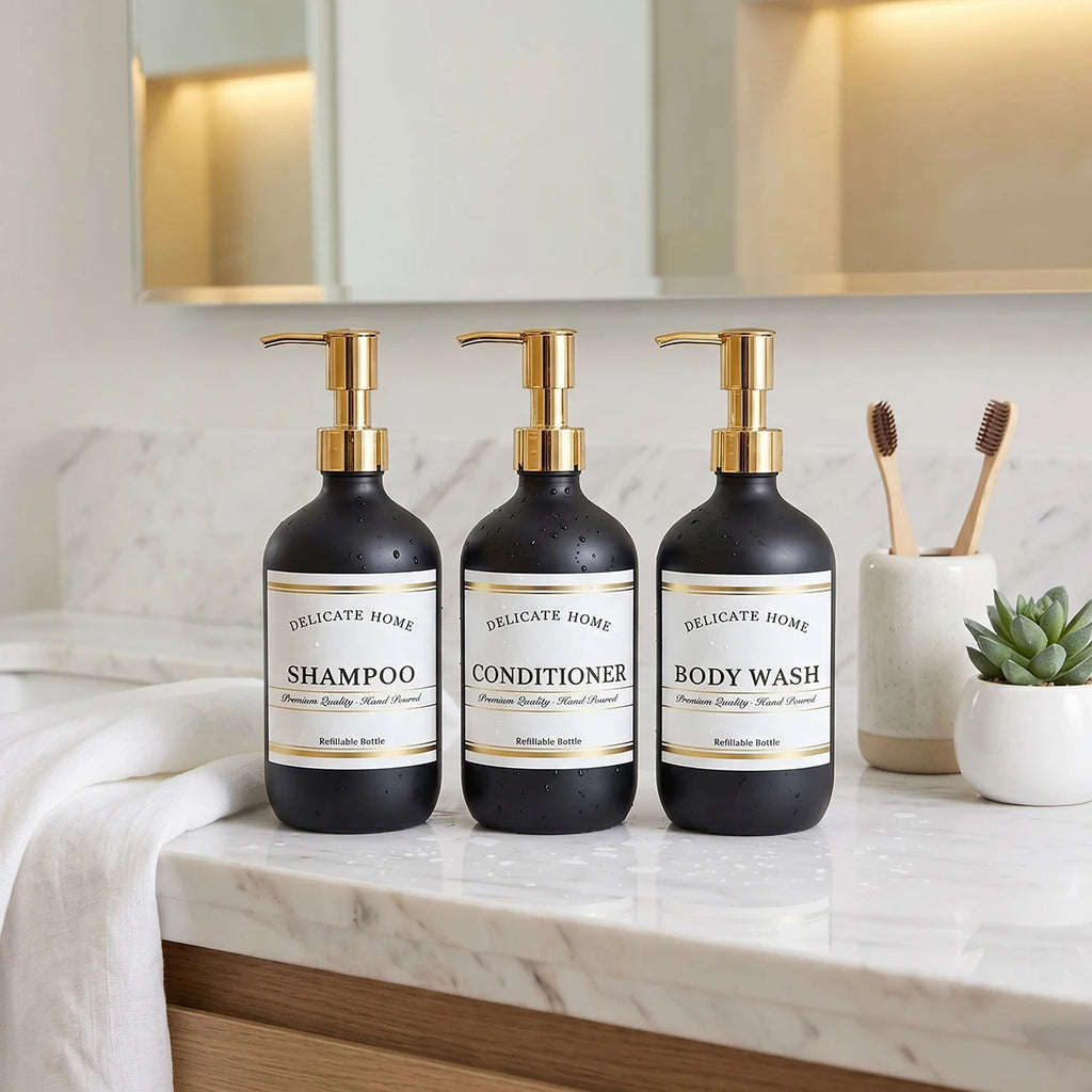 Matte Black Refillable Shower Dispenser Set of 3 with Gold Pumps – 500ml Bathroom Bottles for Shampoo, Conditioner & Body Wash