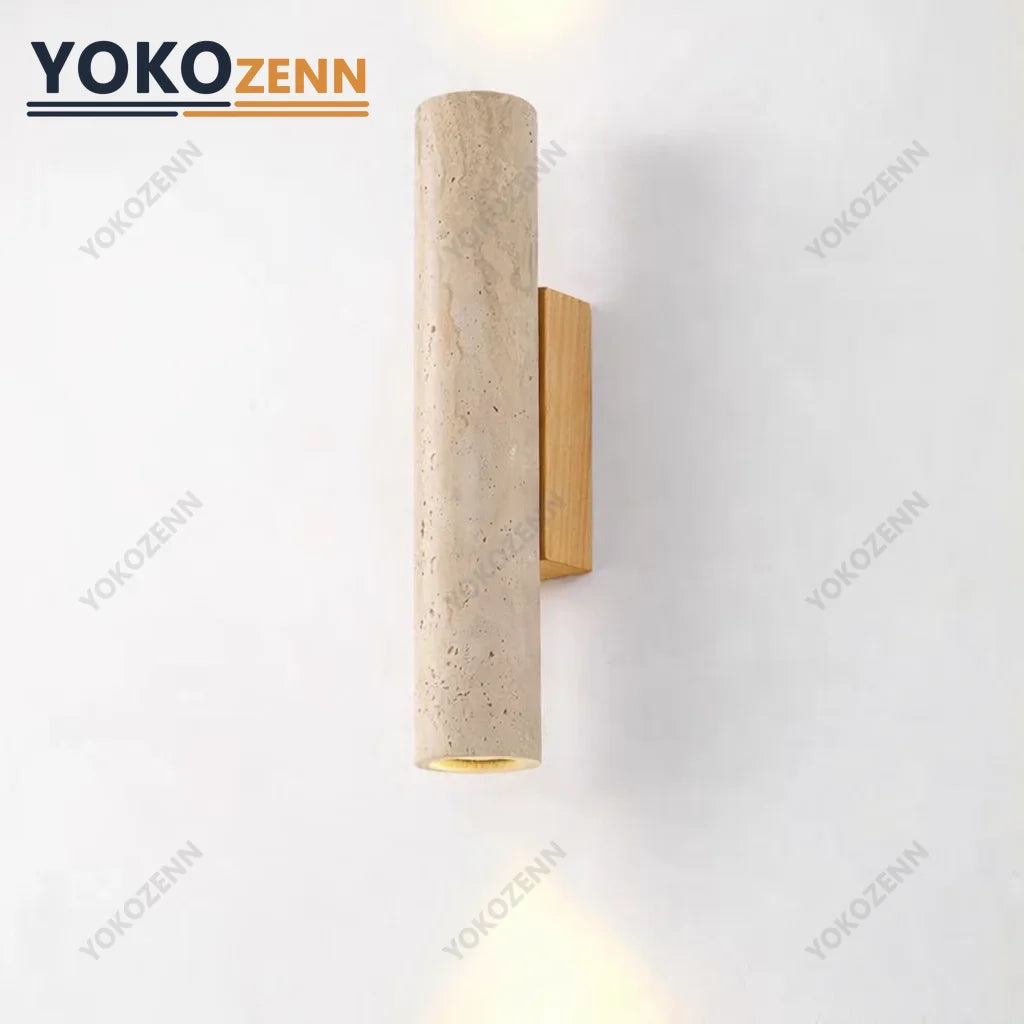 Travertine wall sconce with log wood backplate mounted on a white wall