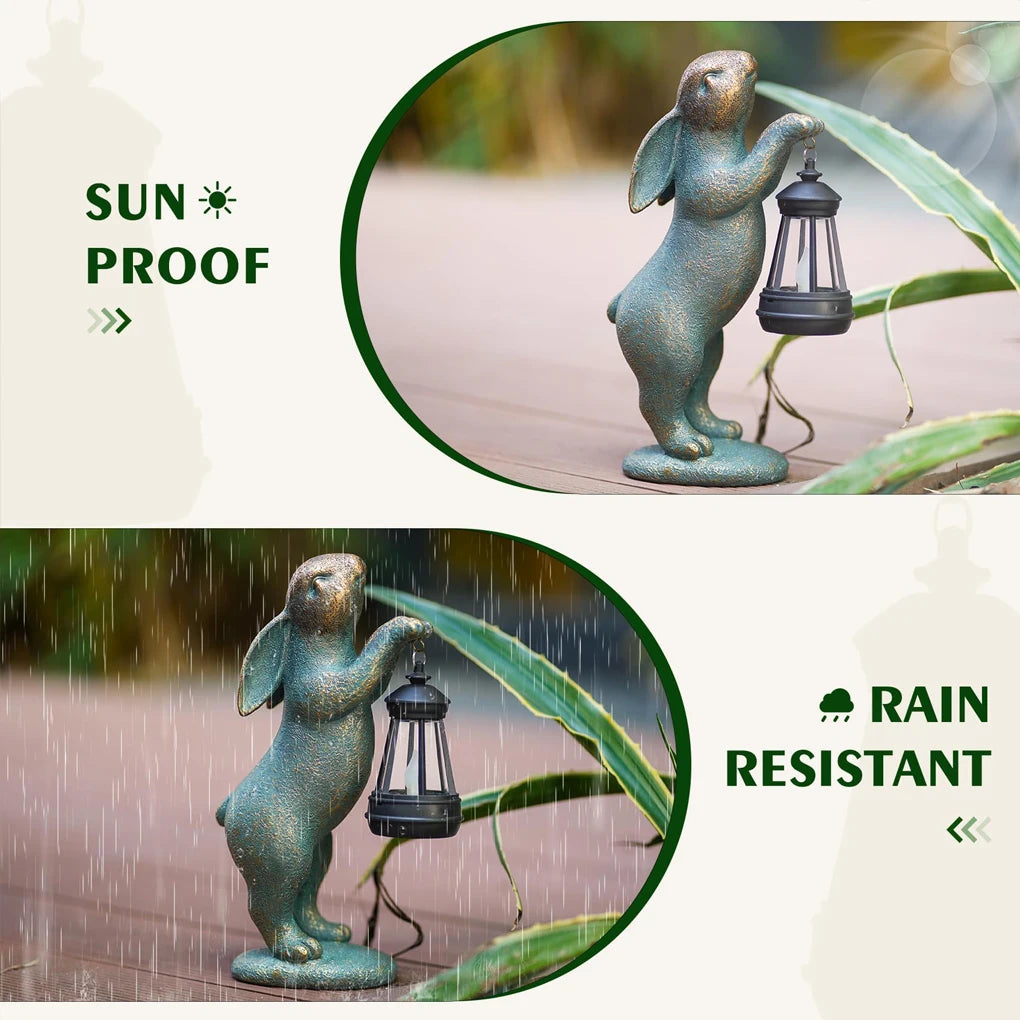 Weather-resistant resin rabbit statue shown in sun and rain with lantern