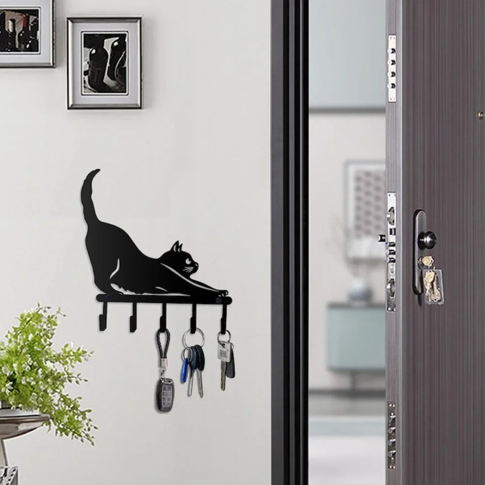 Stretching Cat Metal Wall Key Holder & Coat Rack