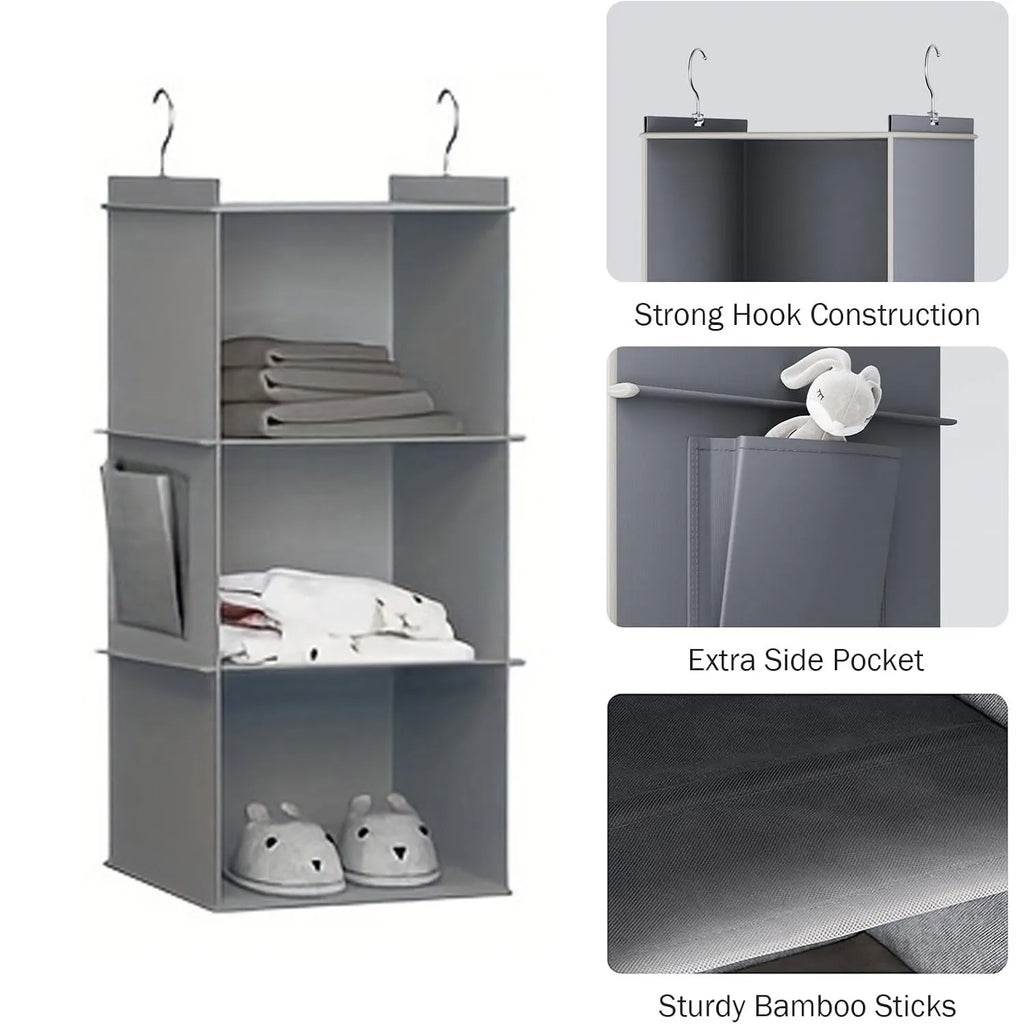 Three-shelf light grey hanging closet organizer showing hooks, side pocket, and material close-ups