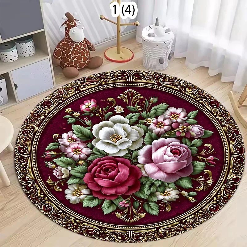 red vintage-style round area rug with large floral print in a cozy kids' room