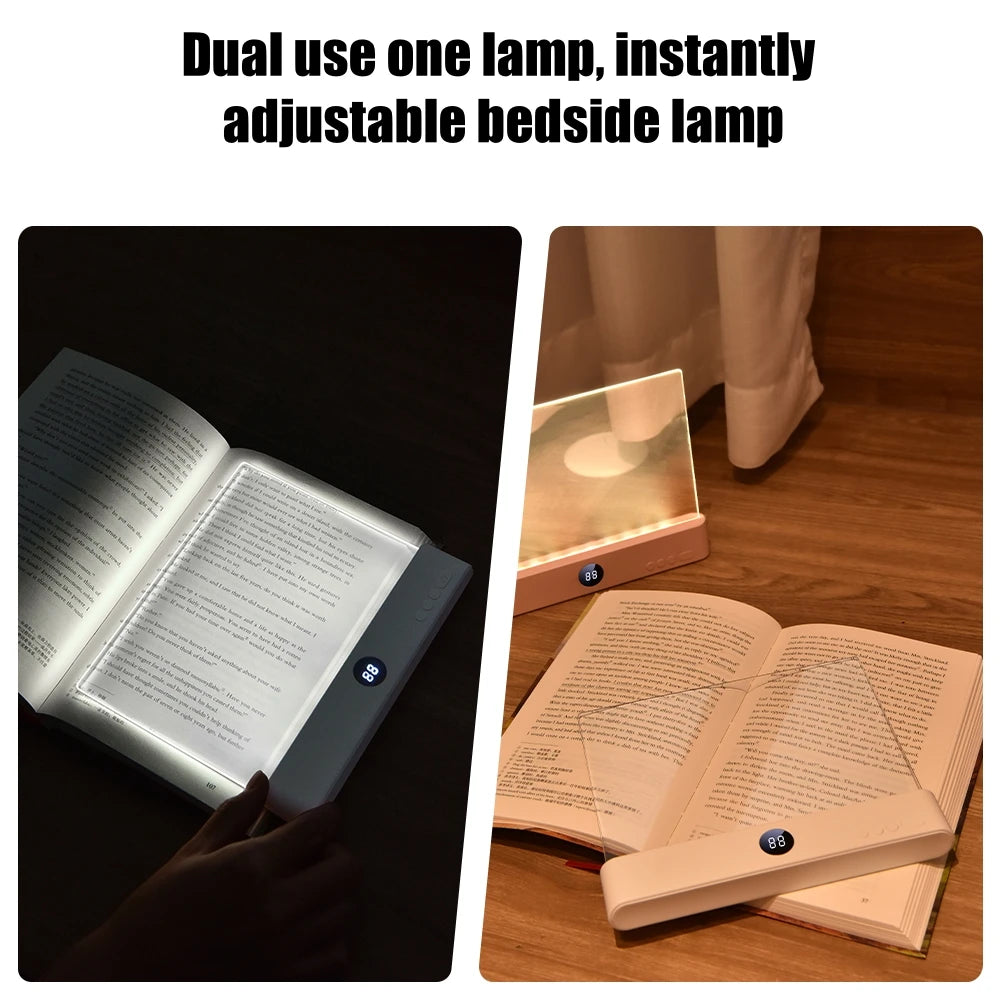 LED book light shown used flat on a book and standing upright as a bedside lamp