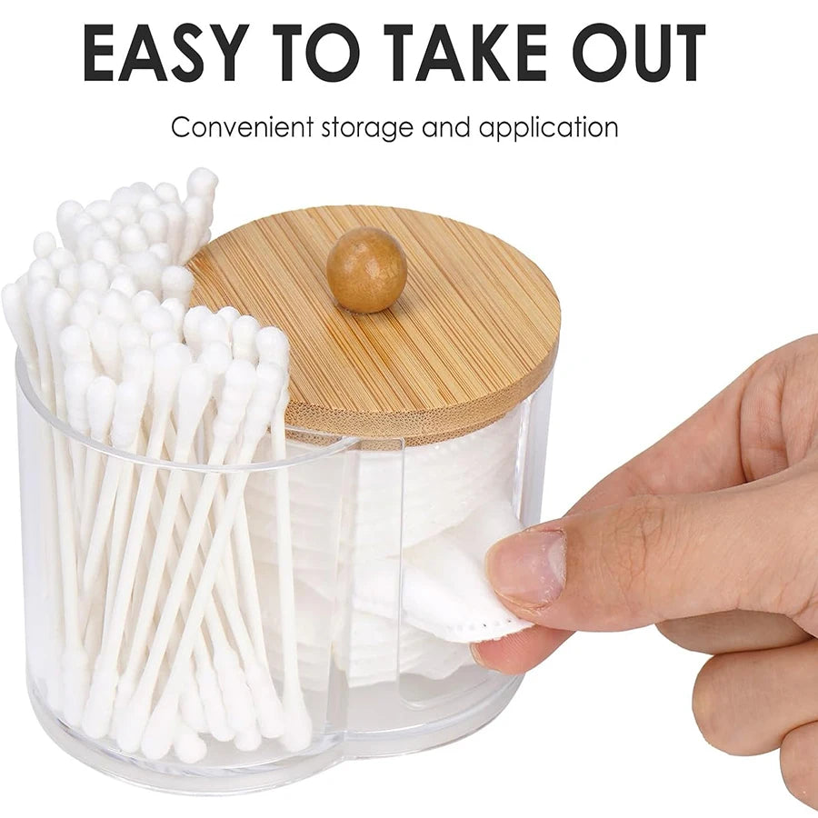 Hand taking a cotton pad from the divided cotton pad and swab holder with text 'Easy to Take Out'