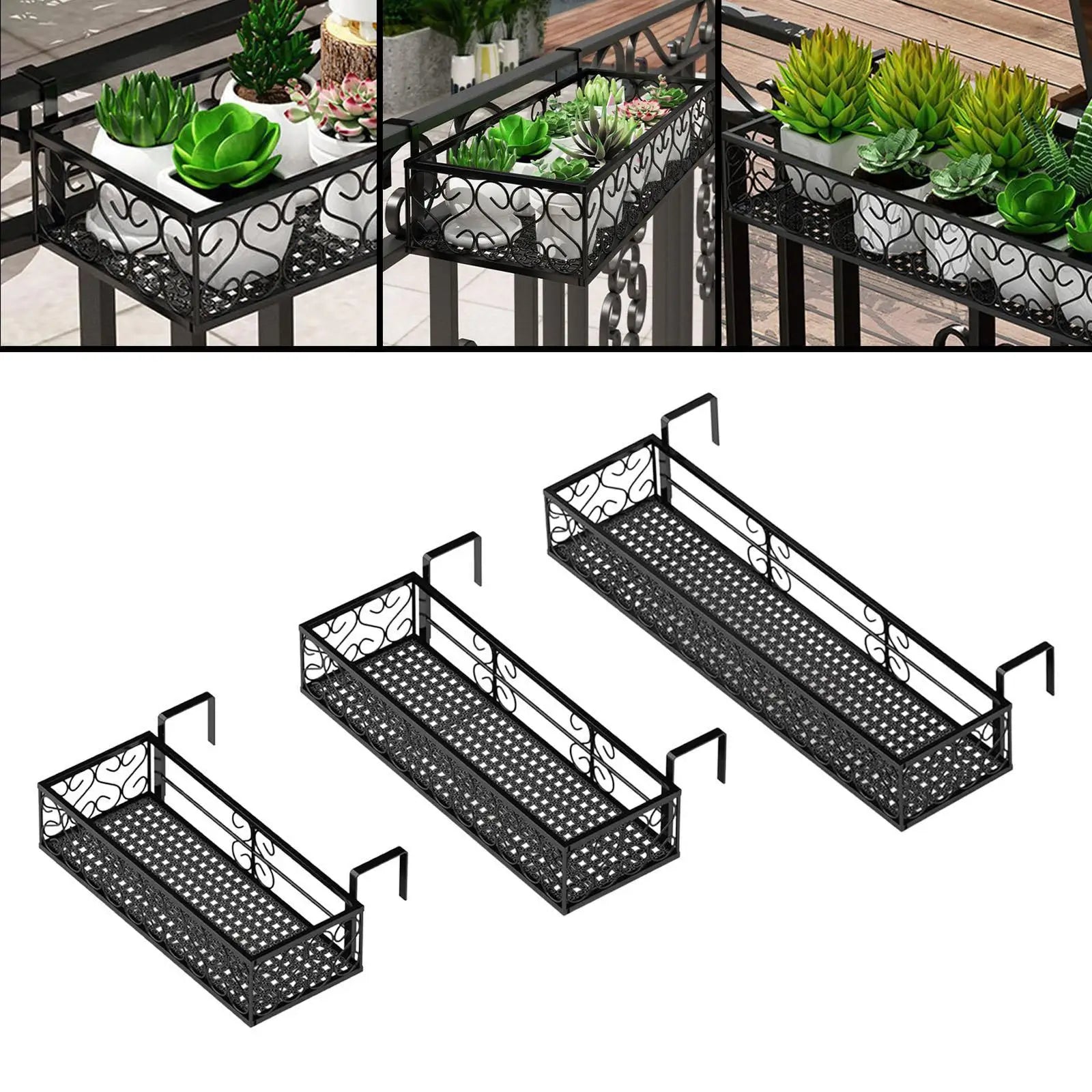 set of iron balcony planter shelves with close-ups of hanging hooks and scroll detail