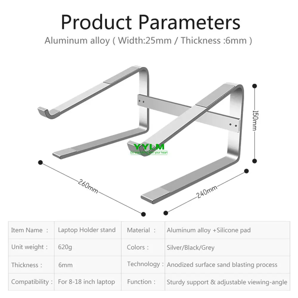 Measurements and key features of the aluminum laptop holder stand