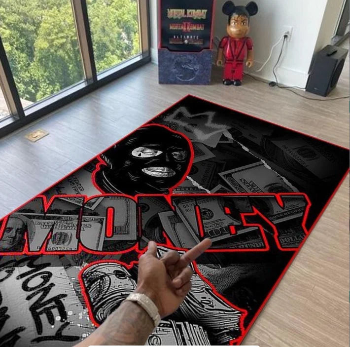 Graphic gothic-themed area rug with bold MONEY lettering and masked face, placed in a modern living room