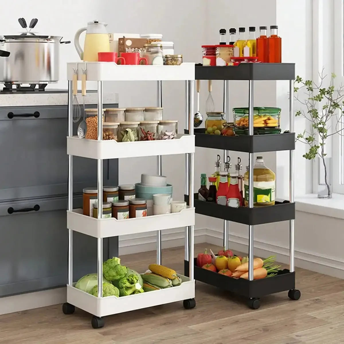 White and black slim rolling carts filled with condiments, produce, and kitchen jars in a bright room