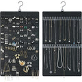 Dual-sided black felt hanging jewelry organizer displaying earrings and necklaces