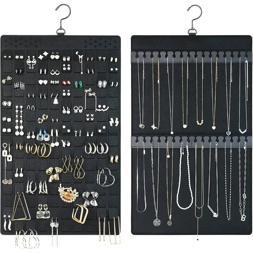 Dual-sided black felt hanging jewelry organizer displaying earrings and necklaces