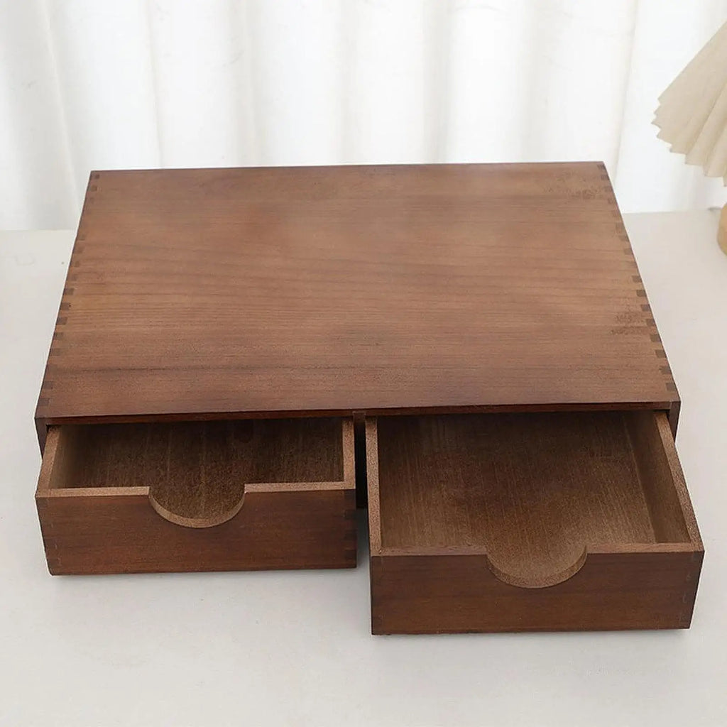 Wooden two-drawer organizer with both drawers open, brown finish