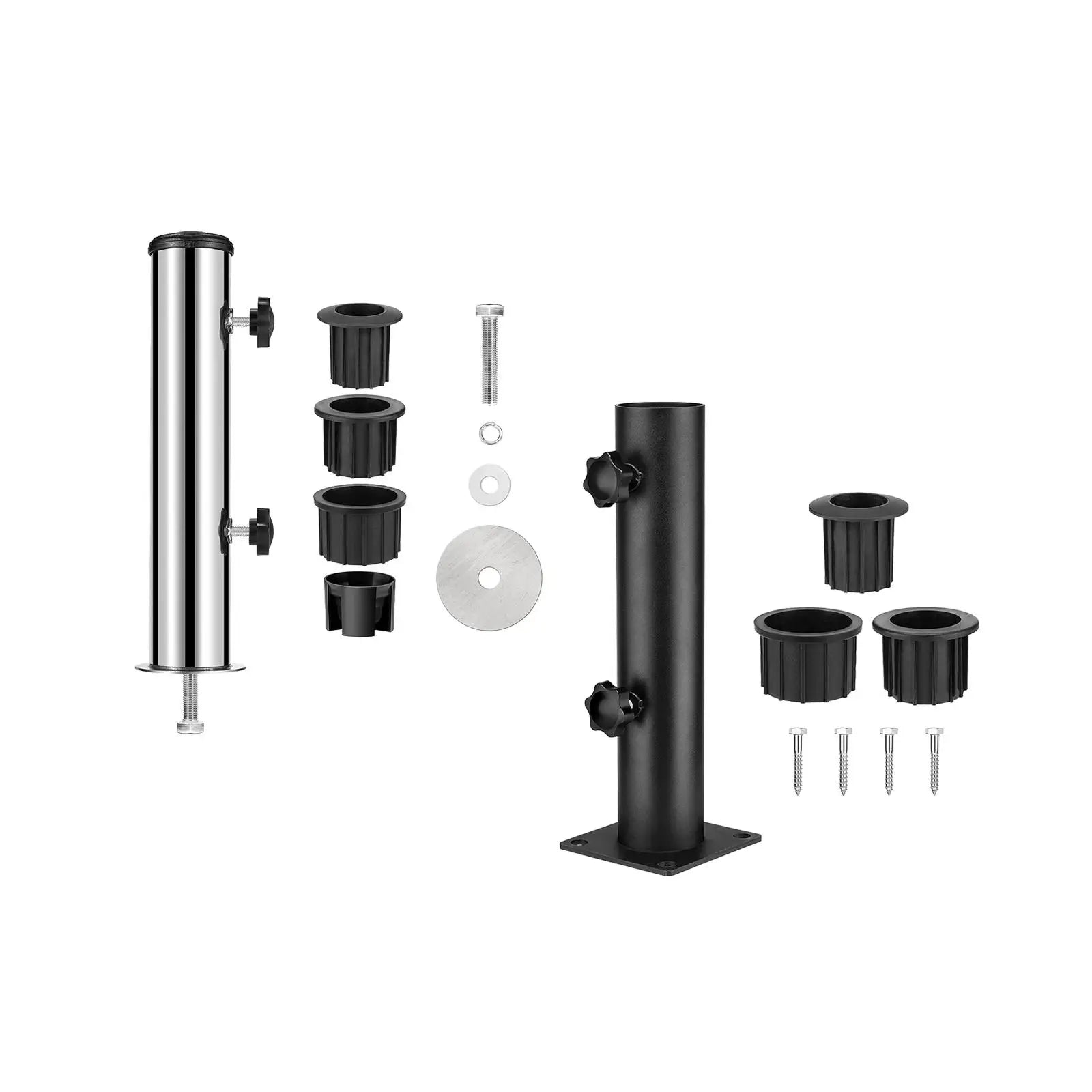 Stainless steel and matte black umbrella stand bases with included adapters and screws displayed side by side