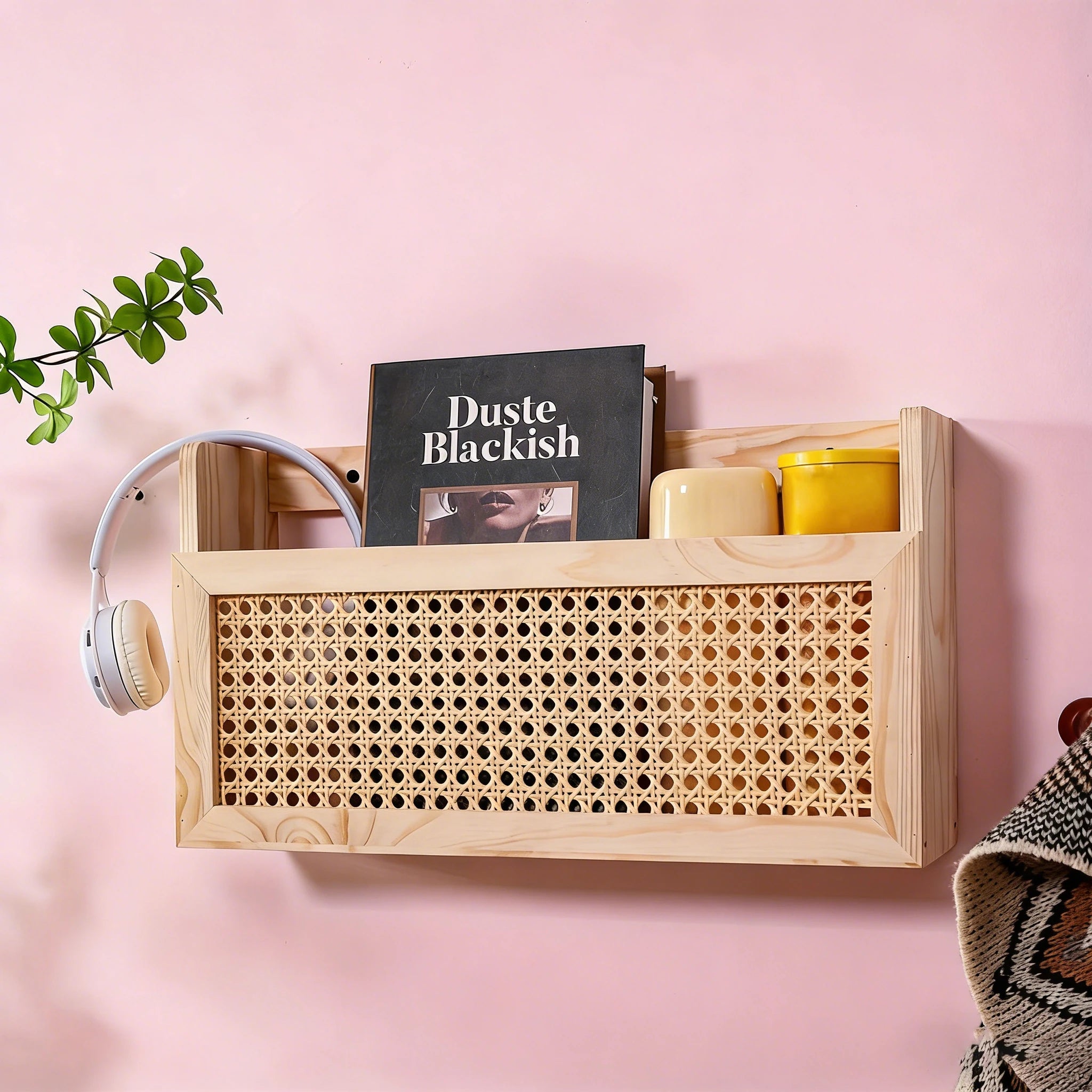 Wall-mounted wooden magazine holder with woven rattan front on pink wall, holding a book, headphone, and two jars
