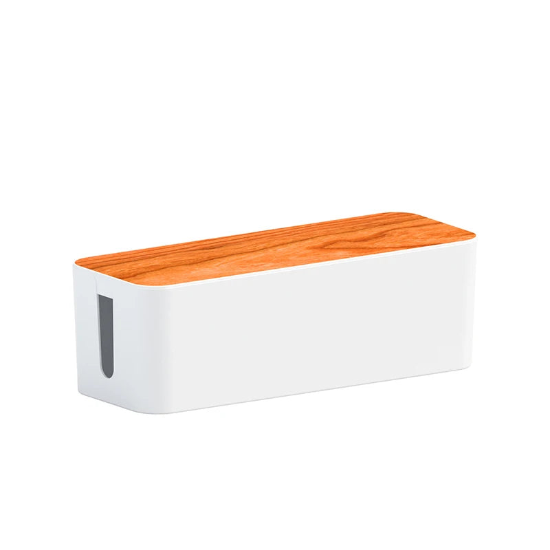 Cable Management Box with Wood Grain Lid – Home & Office Cord Organizer