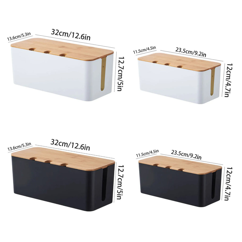 Cable management boxes with wood-style lids in black and white, showing labeled dimensions for small and medium sizes