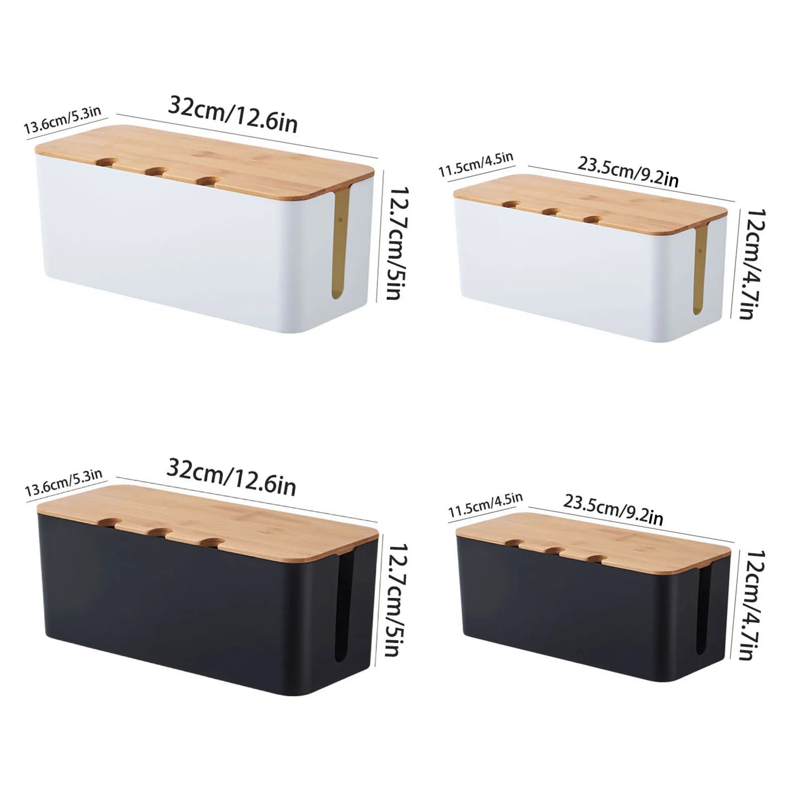 Cable management boxes in black and white with dimensions labeled for medium and small sizes