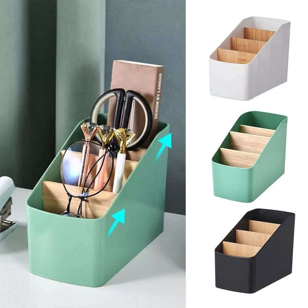 Green remote and desk organizer with wood dividers, shown in use and standalone in green, white, and black color options