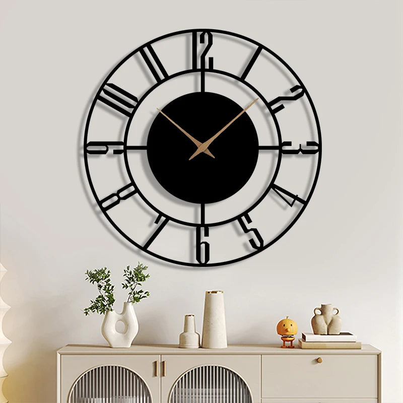 Modern black circular wall clock displayed above a sideboard in a living room setting