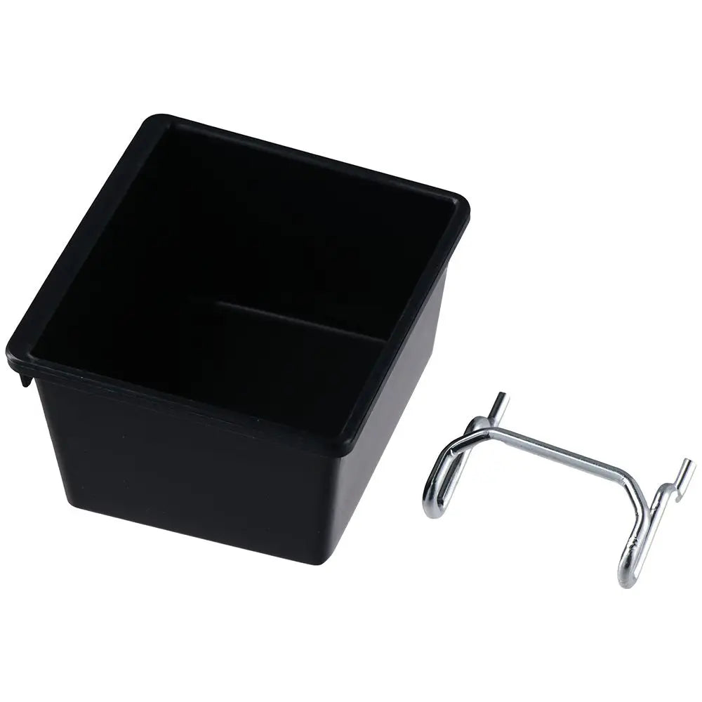 Single black pegboard storage bin and a detached metal pegboard hook side by side