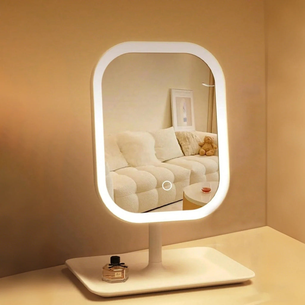 White illuminated tabletop vanity makeup mirror on desk in cozy room