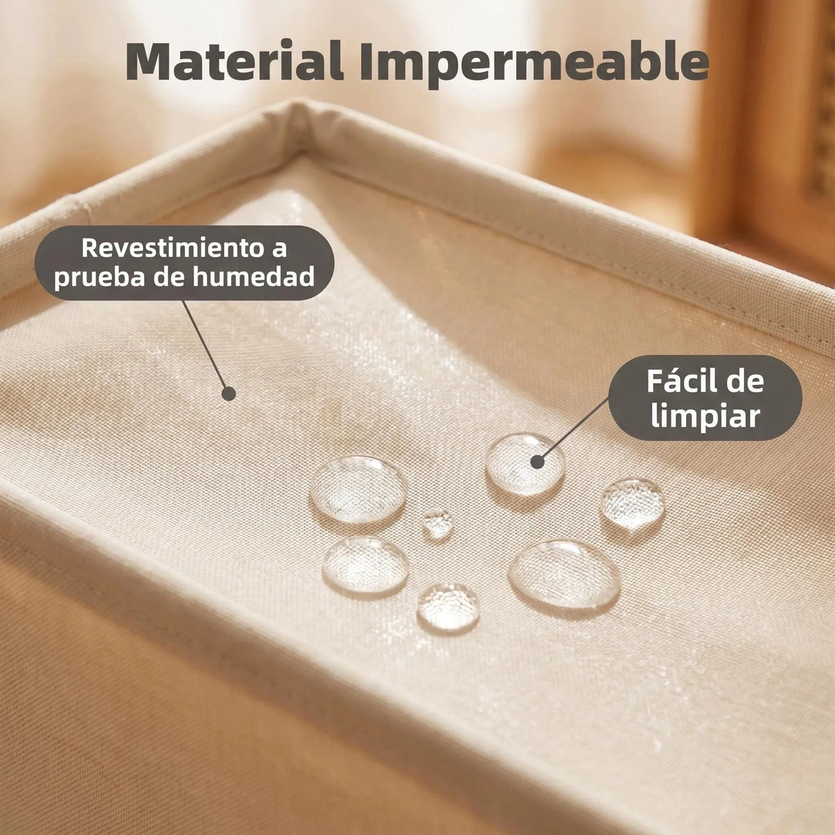 Closeup of water-resistant Oxford fabric laundry hamper with visible droplets demonstrating easy-clean surface