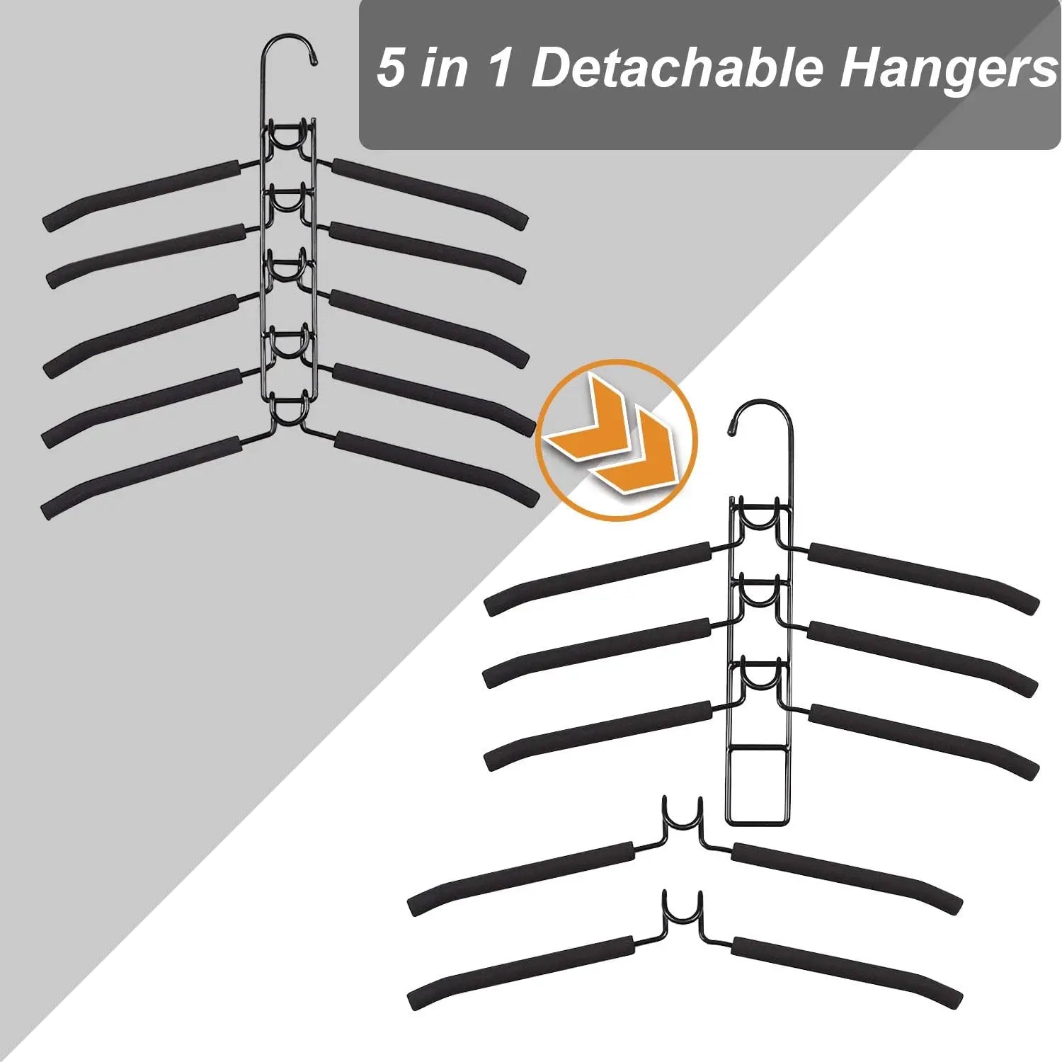 Diagram showing assembled and disassembled 5-in-1 detachable black hangers for closet organization