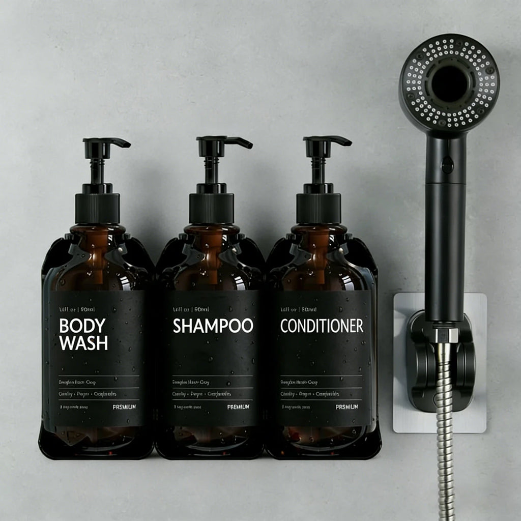 Amber Wall-Mounted Shower Soap Dispenser Set with Black Pump Bottles for Bathroom Organization