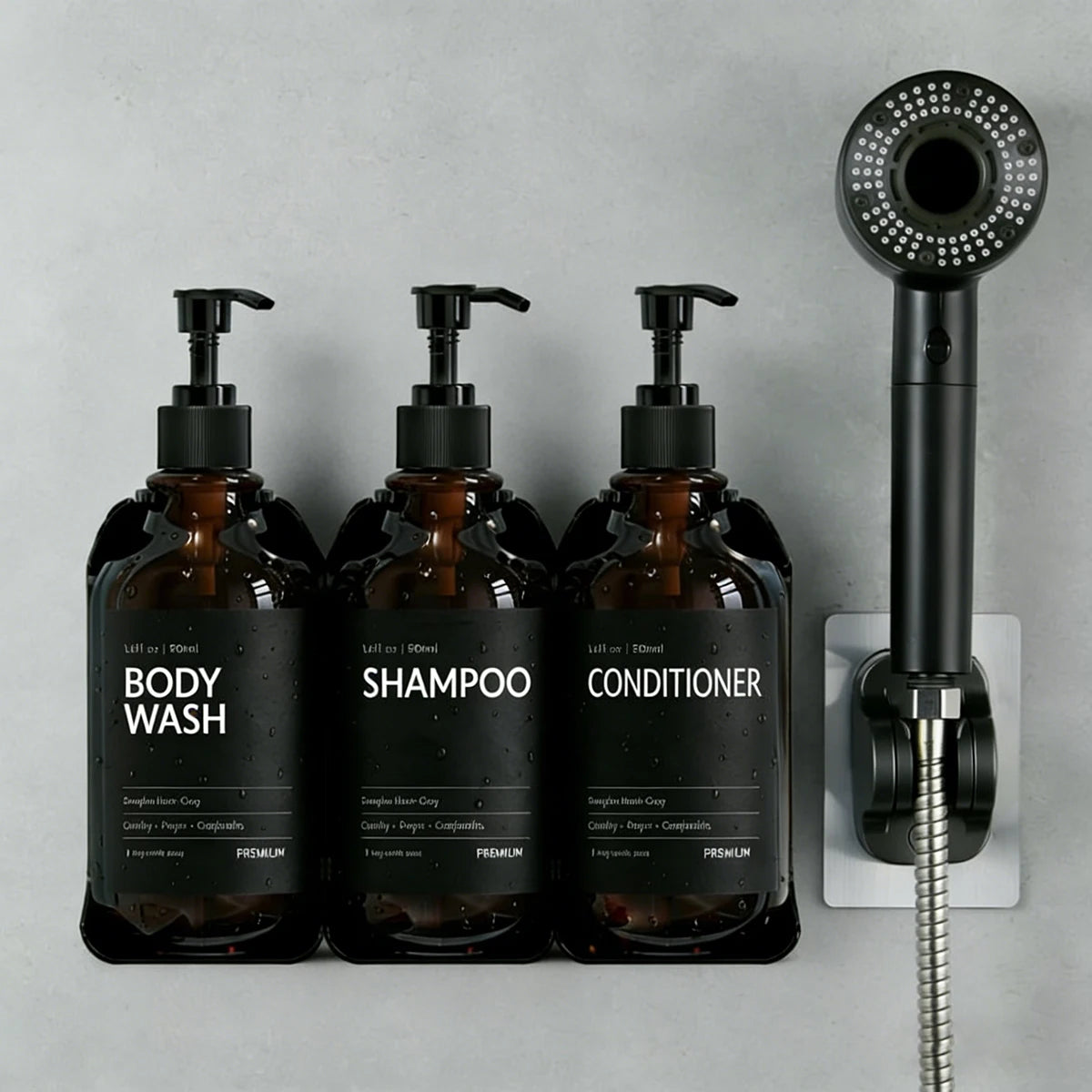 Amber Wall-Mounted Shower Soap Dispenser Set with Black Pump Bottles for Bathroom Organization