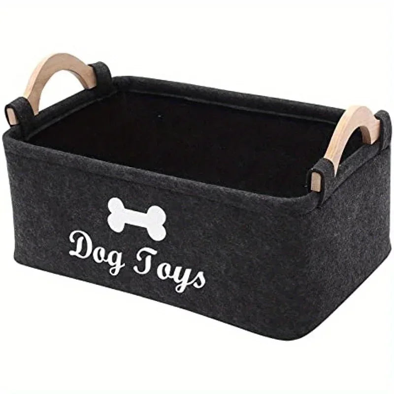 Soft felt dog toy storage basket with wooden handles and 'Dog Toys' label