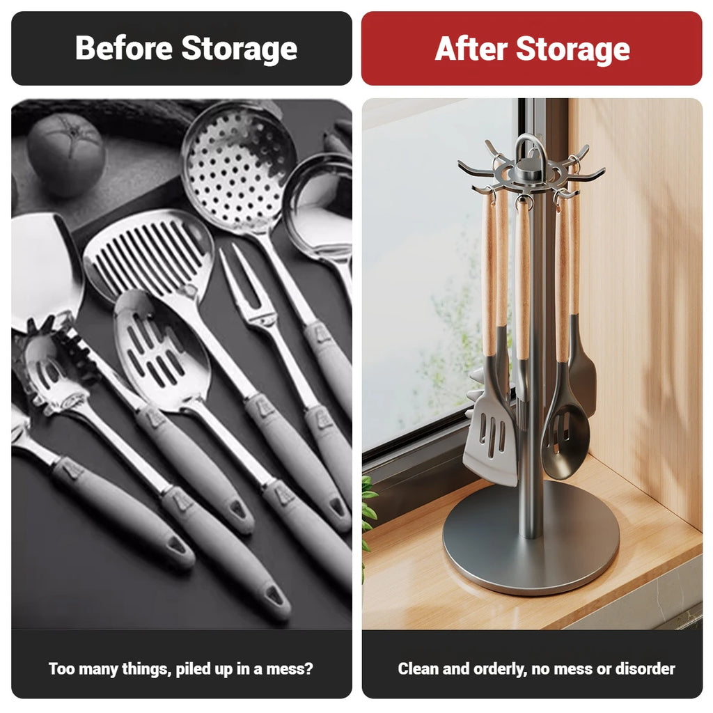 Before-and-after comparison showing kitchen utensils loose versus organized on a rotating stand