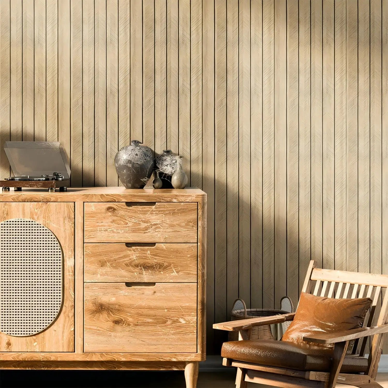 Wood grain slat wall panel behind a wood cabinet and chair in a cozy room