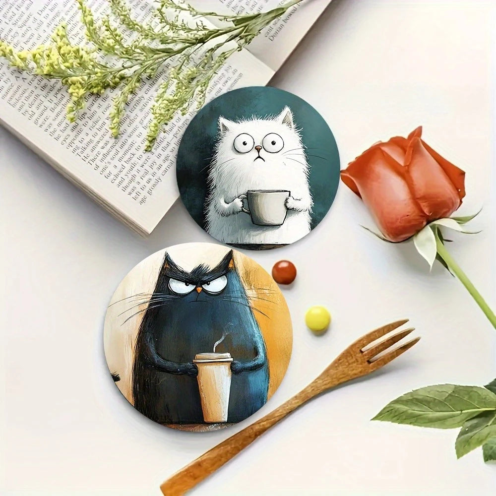 Whimsical Cat Print Wood Coaster Set of 4 for Coffee, Tea & Cozy Living Room Decor